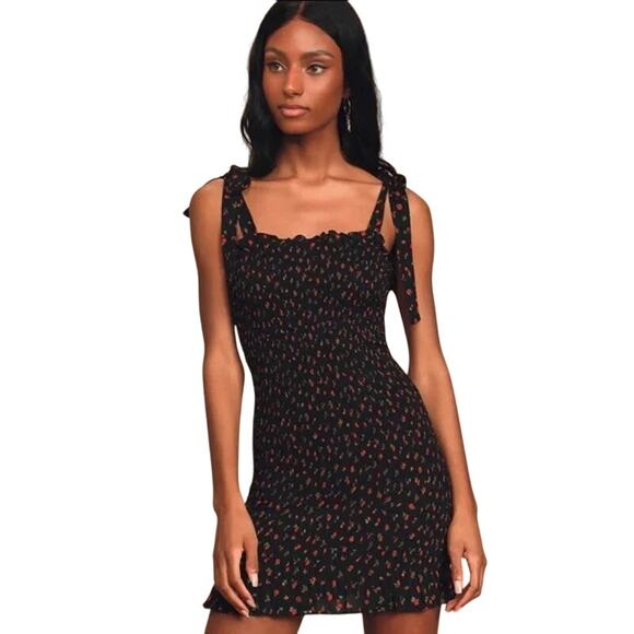 Free People Bella Black Floral Print Smocked Tie- Strap Bodycon Mini Dress Small - Picture 1 of 9